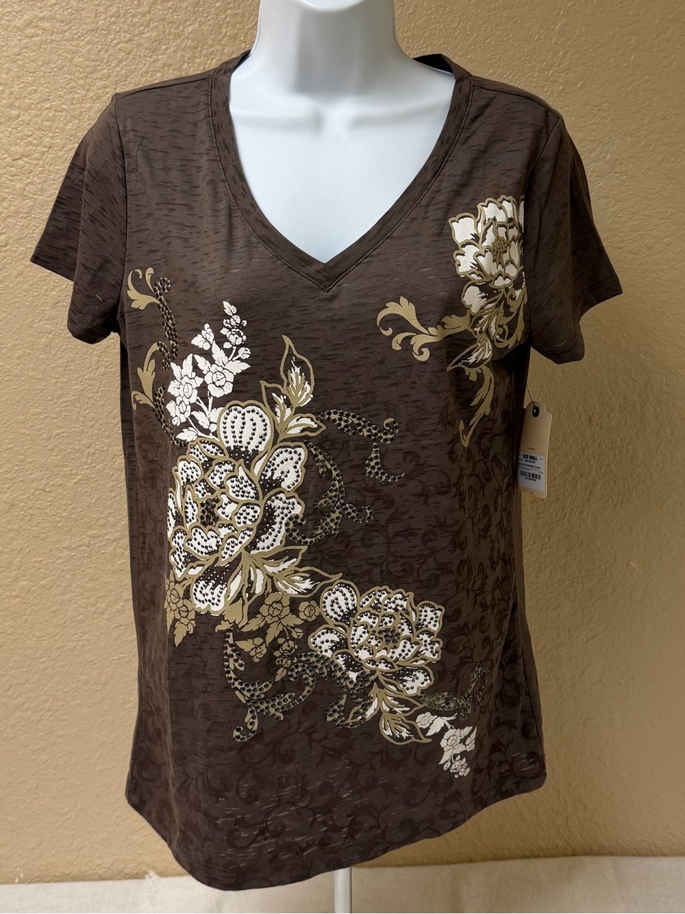 4/$20 St. John’s Bay Women’s V-Neck Short Sleeve Floral Print Top - Brown